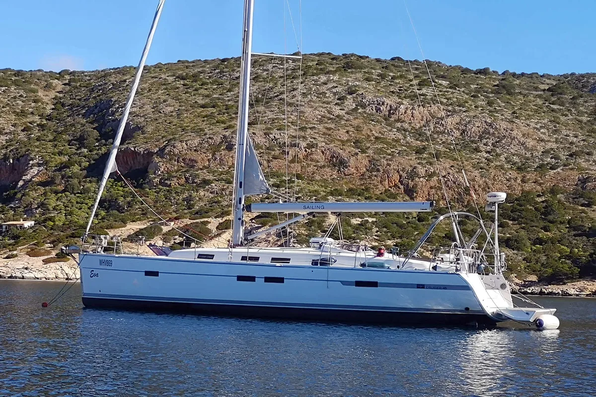 Exterior view of Eva, a Bavaria Cruiser 45 sailboat at Palma de Mallorca, Spain