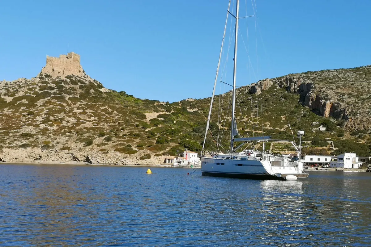 Exterior view of Eva, a Bavaria Cruiser 45 sailboat at Palma de Mallorca, Spain