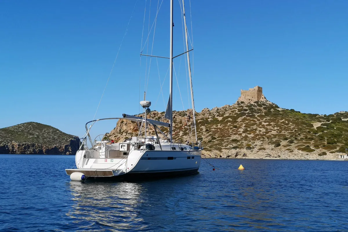 Exterior view of Eva, a Bavaria Cruiser 45 sailboat at Palma de Mallorca, Spain