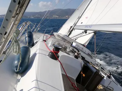 Deck of Eva, a Bavaria Cruiser 45 sailboat at Palma de Mallorca, Spain