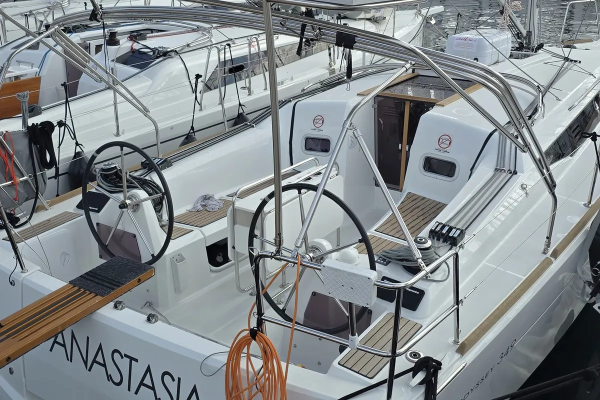 Cockpit of Anastasia, a Jeanneau Sun Odyssey 349 sailboat at Grad Biograd na Moru, Croatia