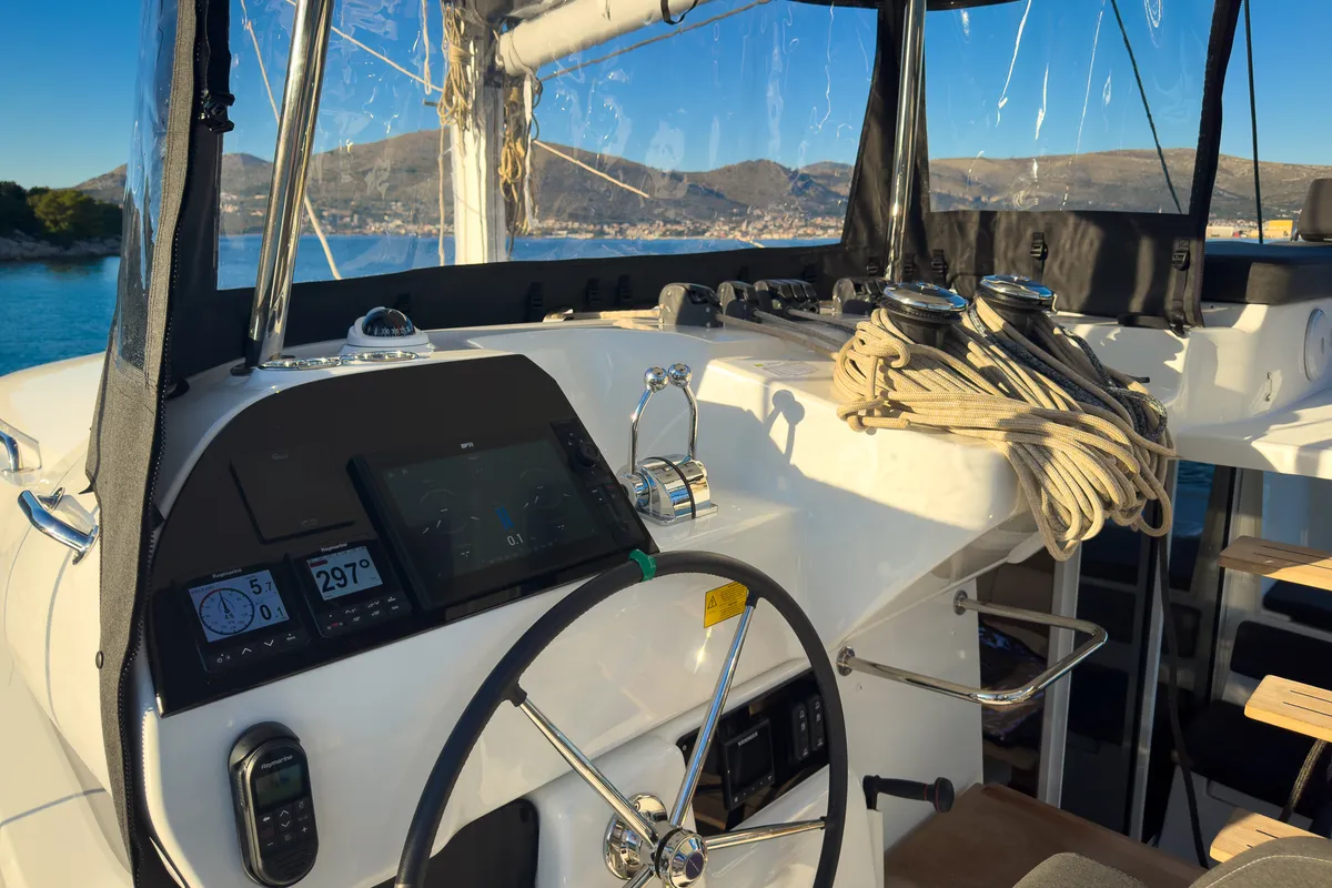 Cockpit of Savoja, a Lagoon 43 catamaran at Seget Donji, Croatia