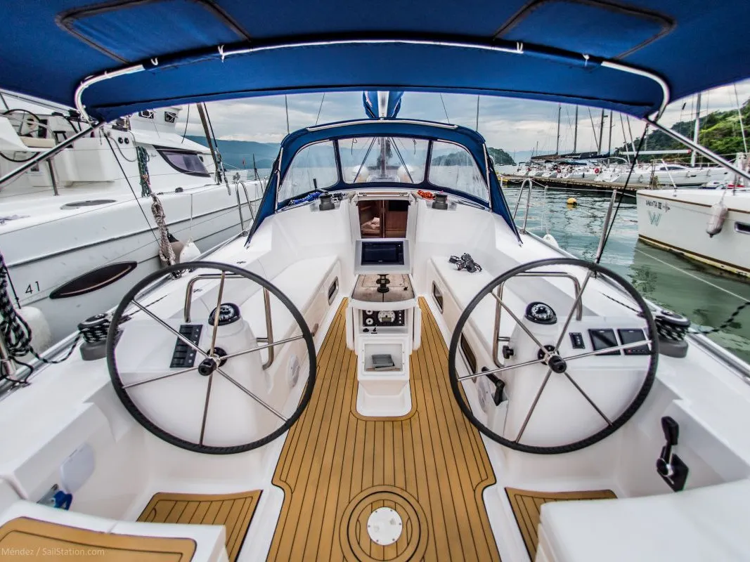 Cockpit of Pura Vida, a Delta 41 sailboat at Paraty, Brazil