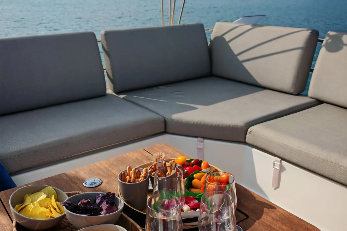 Deck of Premium, a Fountaine Pajot Elba 45 catamaran at Simpson Bay, Sint Maarten