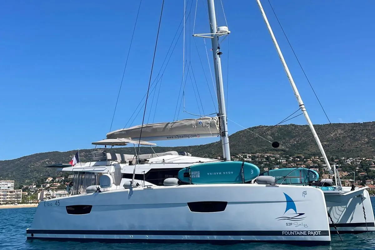 Exterior view of Premium, a Fountaine Pajot Elba 45 catamaran at Simpson Bay, Sint Maarten