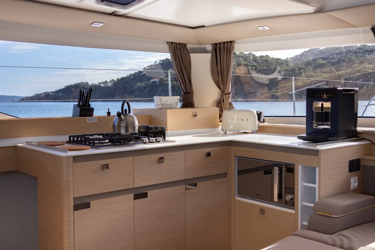 Galley of Premium, a Fountaine Pajot Elba 45 catamaran at Simpson Bay, Sint Maarten