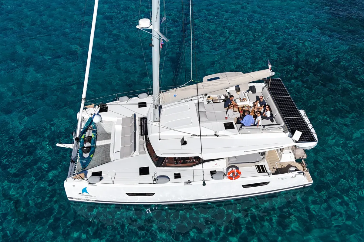 Exterior view of Premium, a Fountaine Pajot Elba 45 catamaran at Simpson Bay, Sint Maarten