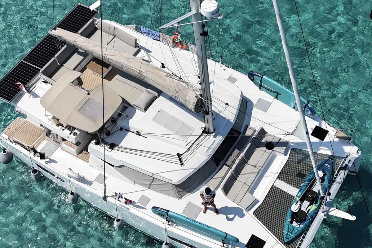 Exterior view of Premium, a Fountaine Pajot Elba 45 catamaran at Simpson Bay, Sint Maarten