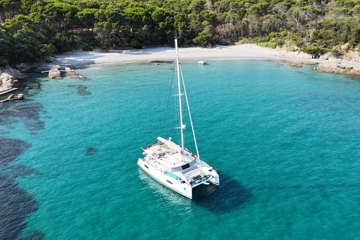 Exterior view of Premium, a Fountaine Pajot Elba 45 catamaran at Simpson Bay, Sint Maarten