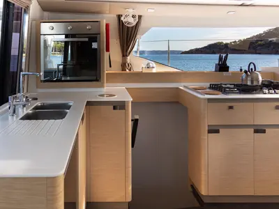 Galley of Premium, a Fountaine Pajot Elba 45 catamaran at Simpson Bay, Sint Maarten