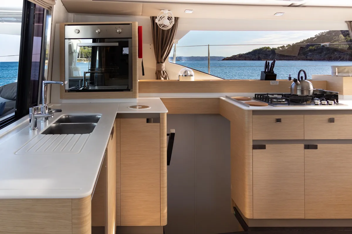 Galley of Premium, a Fountaine Pajot Elba 45 catamaran at Simpson Bay, Sint Maarten