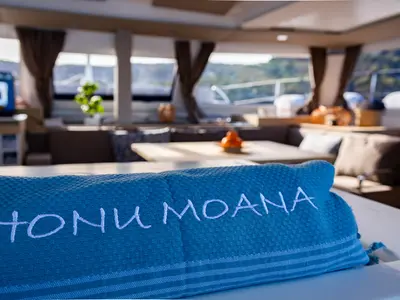 Salon of Premium, a Fountaine Pajot Elba 45 catamaran at Simpson Bay, Sint Maarten