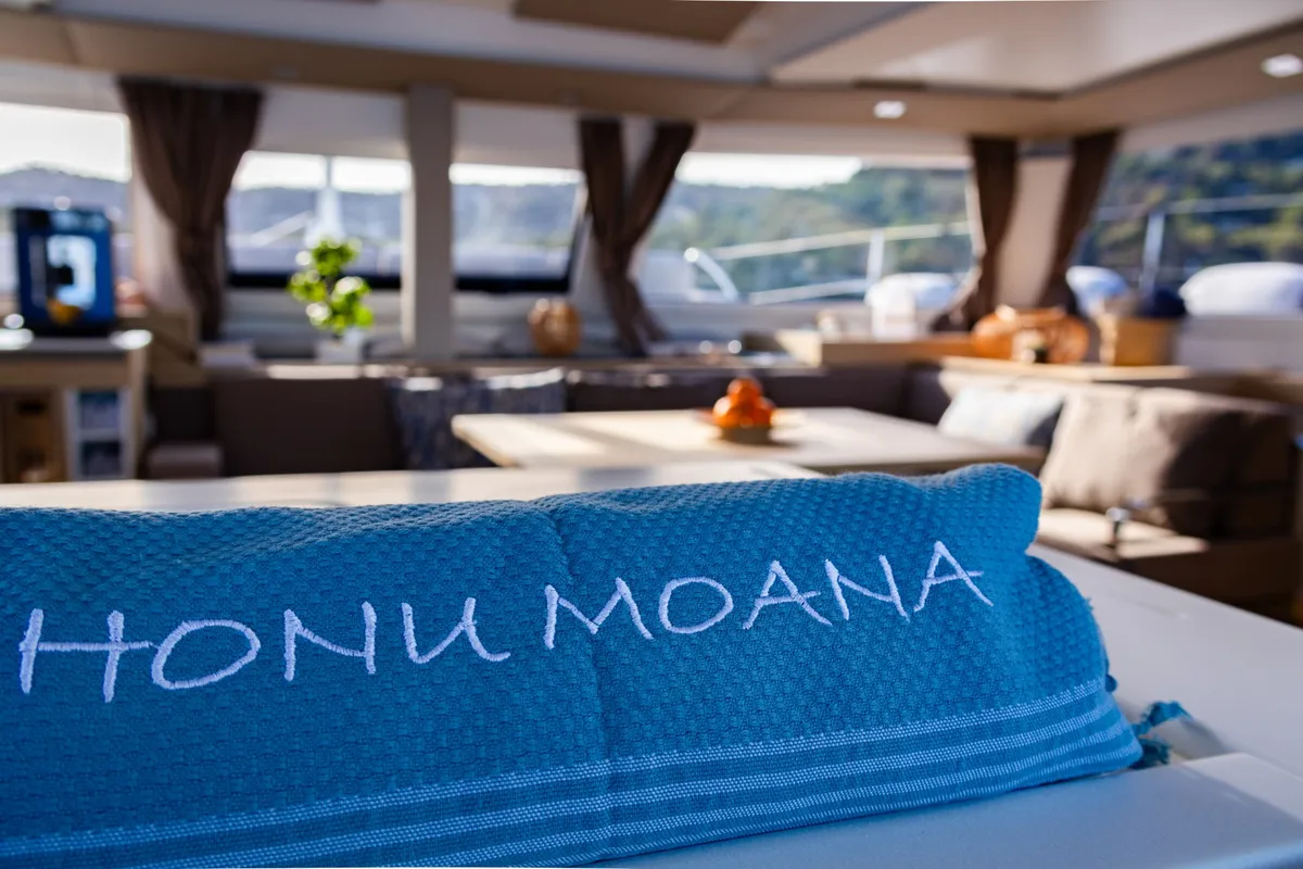 Salon of Premium, a Fountaine Pajot Elba 45 catamaran at Simpson Bay, Sint Maarten