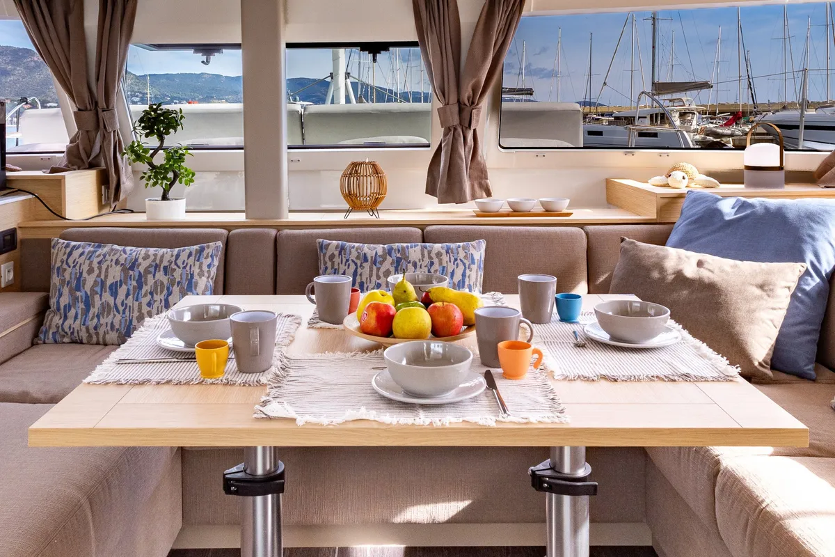 Salon of Premium, a Fountaine Pajot Elba 45 catamaran at Simpson Bay, Sint Maarten