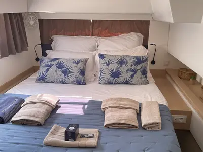 Cabin on Premium, a Fountaine Pajot Elba 45 catamaran at Simpson Bay, Sint Maarten