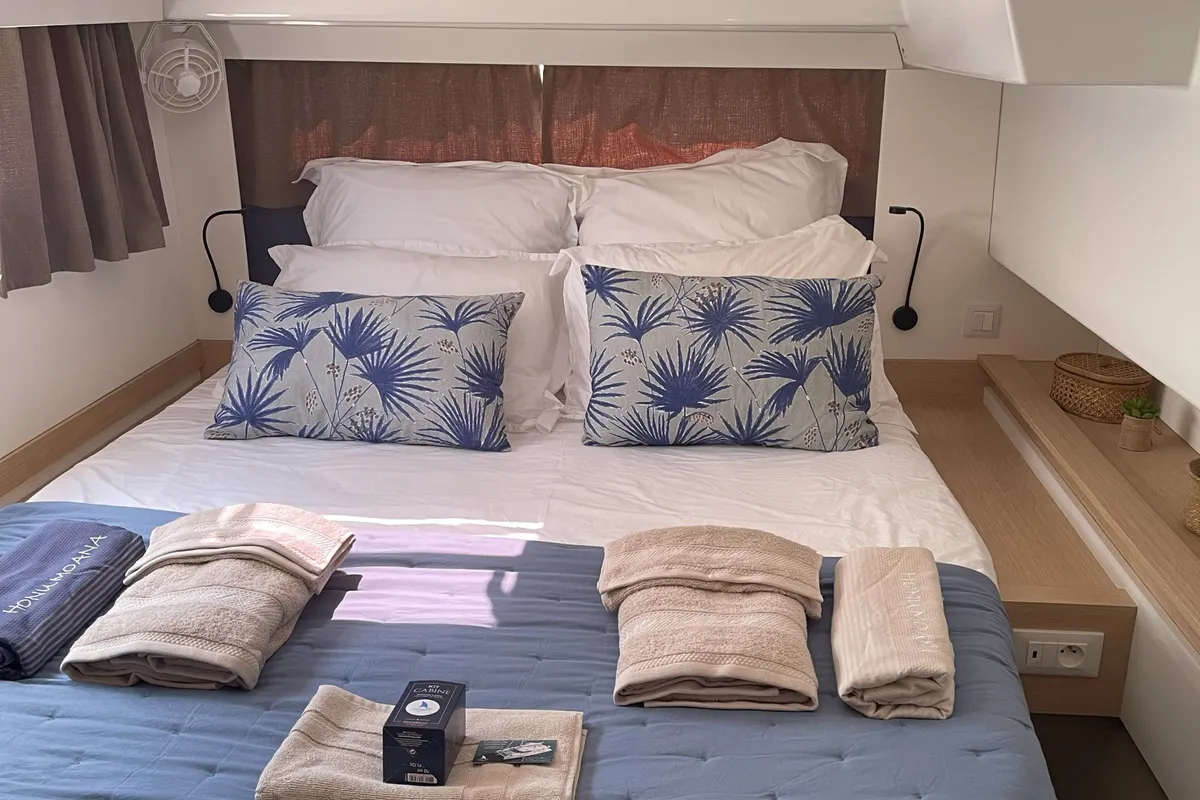 Cabin on Premium, a Fountaine Pajot Elba 45 catamaran at Simpson Bay, Sint Maarten