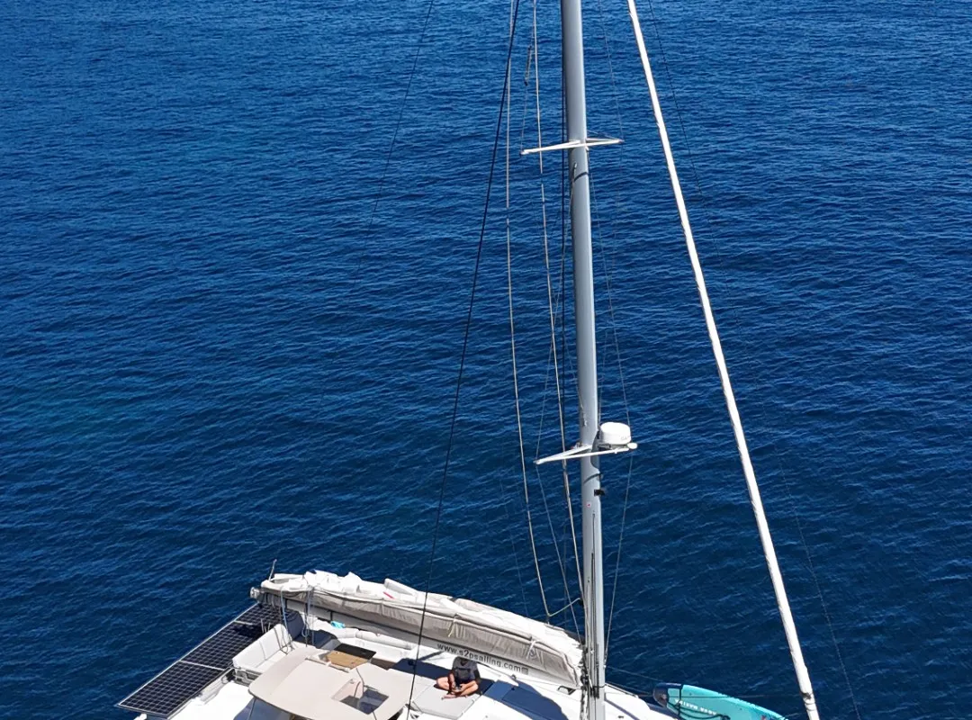 Deck of Premium, a Fountaine Pajot Elba 45 catamaran at Simpson Bay, Sint Maarten