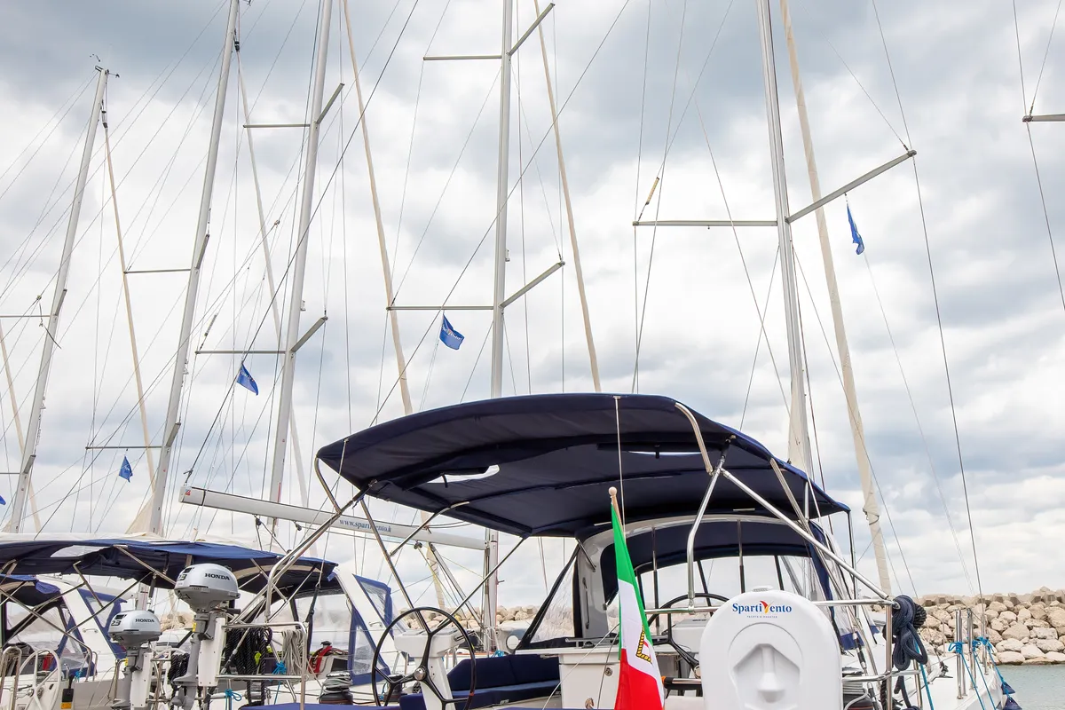 Exterior view of Elpida, a Beneteau Oceanis 51.1 sailboat at Rosignano Solvay, Italy