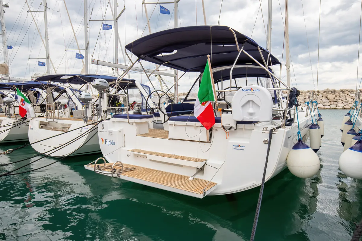 Exterior view of Elpida, a Beneteau Oceanis 51.1 sailboat at Rosignano Solvay, Italy