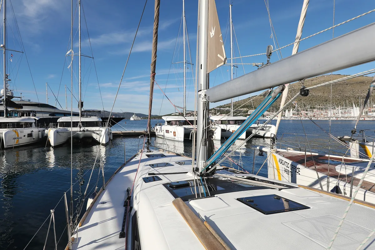 Exterior view of Ocean Tango, a Dufour 460 GL sailboat at Grad Trogir, Croatia