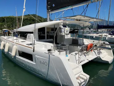 Deck of Lagoon 40, a catamaran at Paraty, Brazil