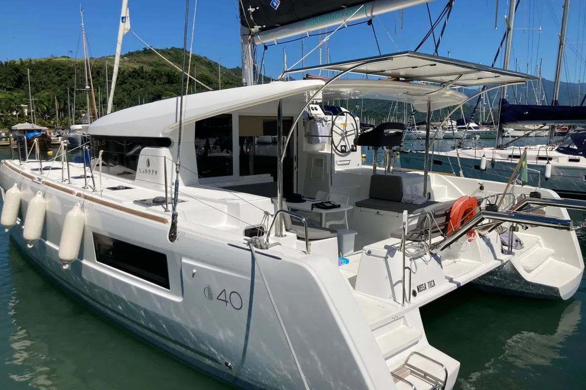 Deck of Lagoon 40, a catamaran at Paraty, Brazil