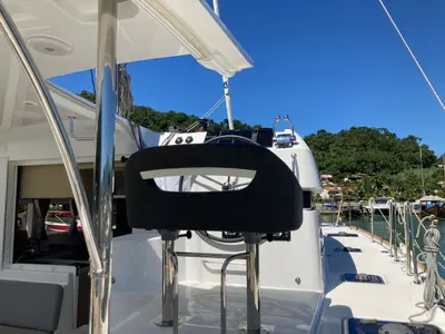 Cockpit of Lagoon 40, a catamaran at Paraty, Brazil