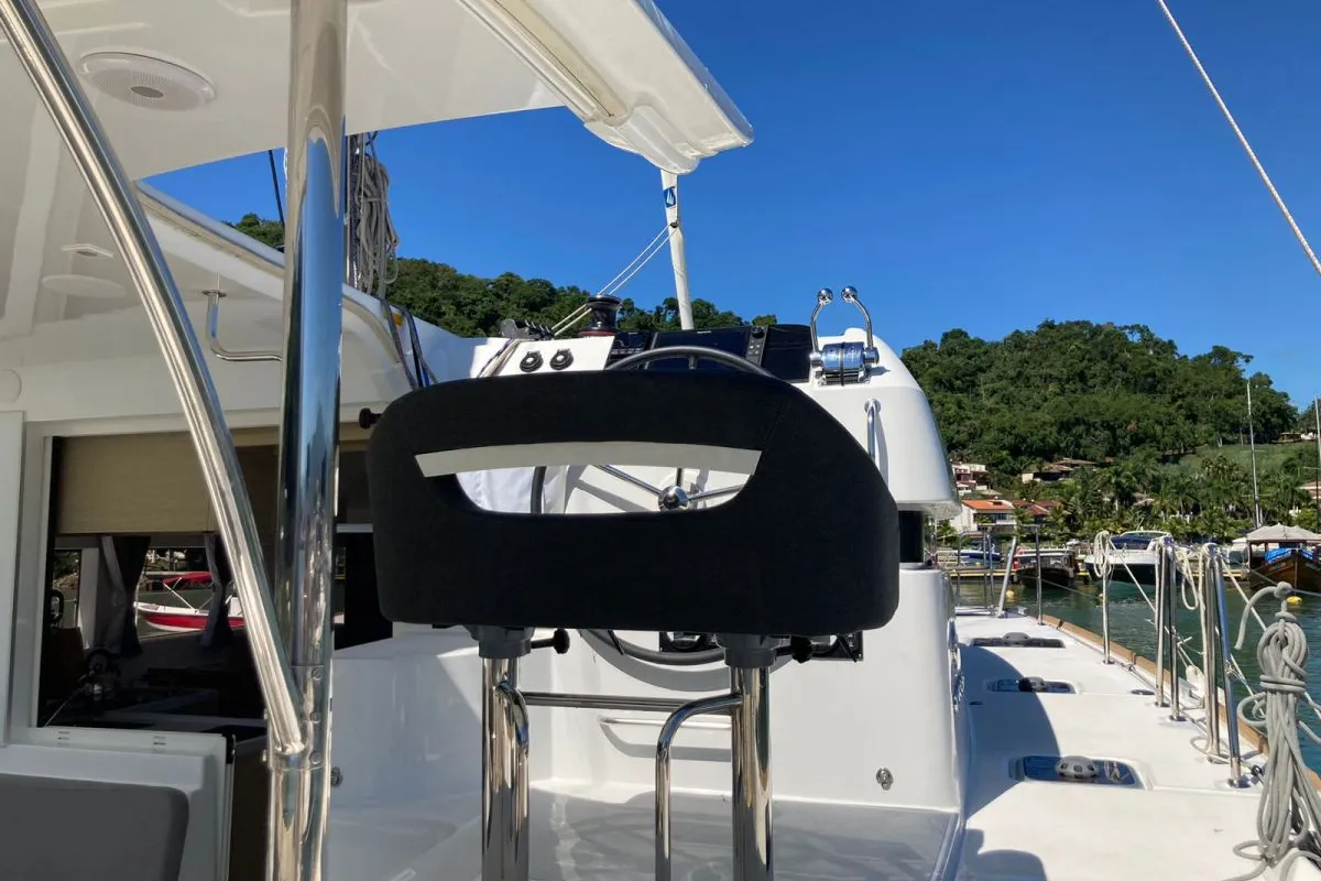 Cockpit of Lagoon 40, a catamaran at Paraty, Brazil
