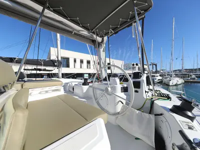 Cockpit of Sapphire, a Bali Catspace catamaran at Seget Donji, Croatia