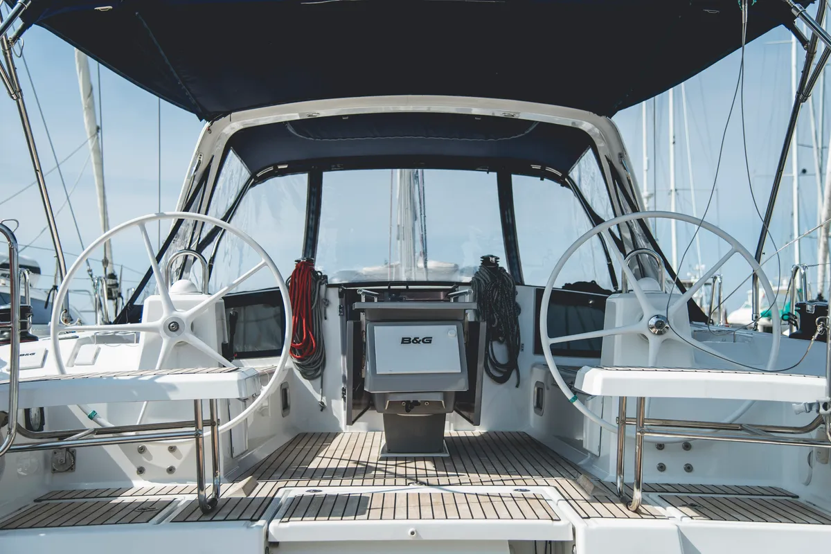 Cockpit of Hydros, a Beneteau Oceanis 41.1 sailboat at Rosignano Solvay, Italy