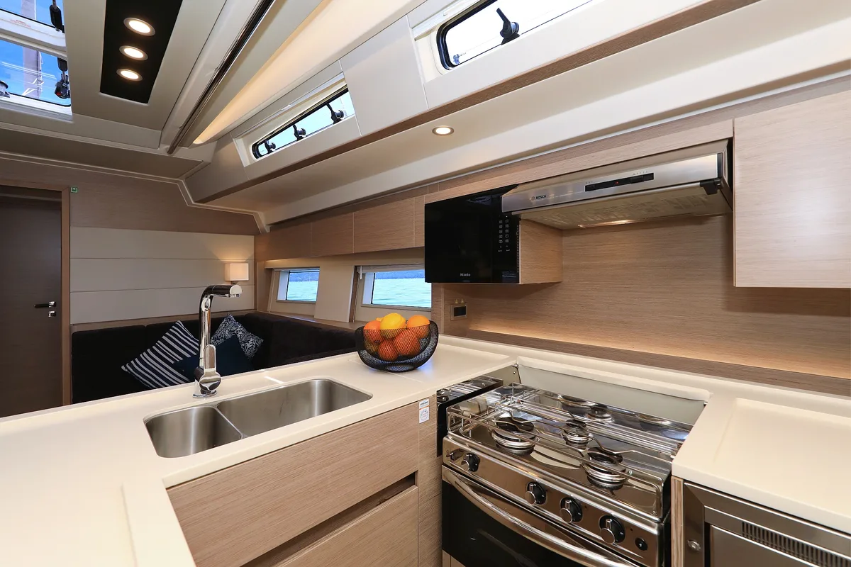 Galley of Crusader, a Hanse 588 sailboat at Seget Donji, Croatia