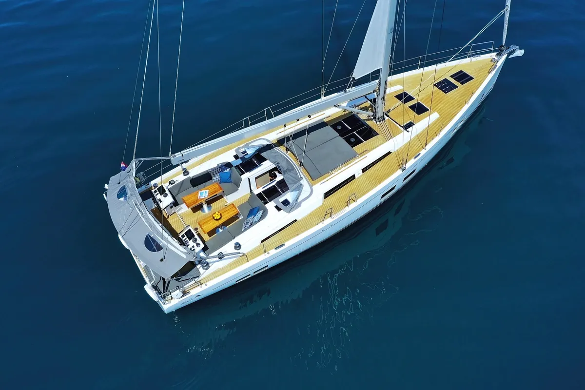 Exterior view of Crusader, a Hanse 588 sailboat at Seget Donji, Croatia