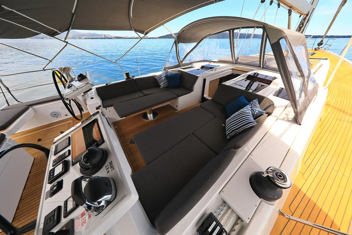 Cockpit of Crusader, a Hanse 588 sailboat at Seget Donji, Croatia