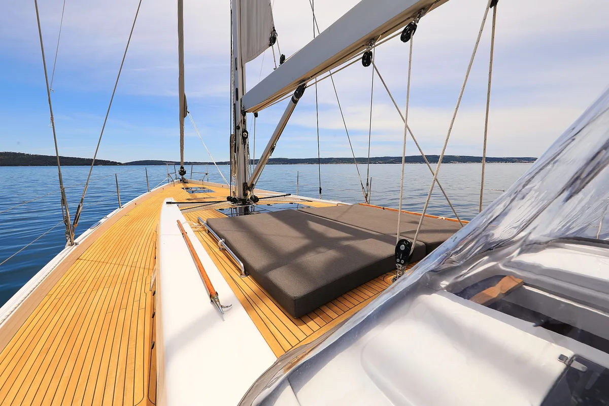 Deck of Crusader, a Hanse 588 sailboat at Seget Donji, Croatia