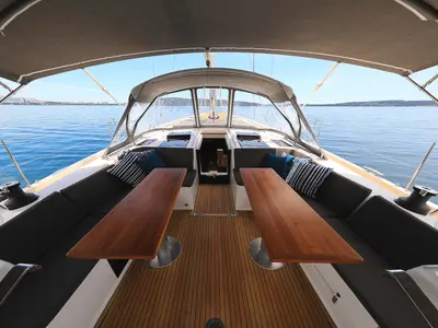 Deck of Crusader, a Hanse 588 sailboat at Seget Donji, Croatia