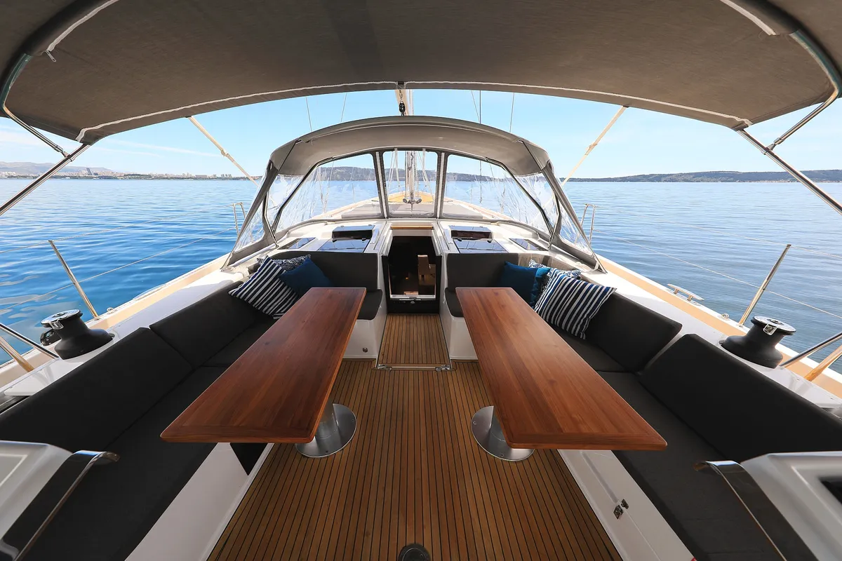 Deck of Crusader, a Hanse 588 sailboat at Seget Donji, Croatia