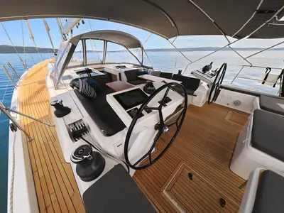 Cockpit of Crusader, a Hanse 588 sailboat at Seget Donji, Croatia