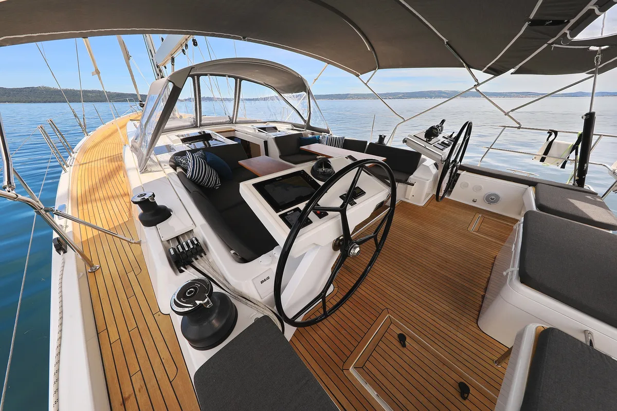 Cockpit of Crusader, a Hanse 588 sailboat at Seget Donji, Croatia