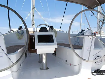 Cockpit of Anemos, a Bavaria 37 sailboat at Kontokali, Greece