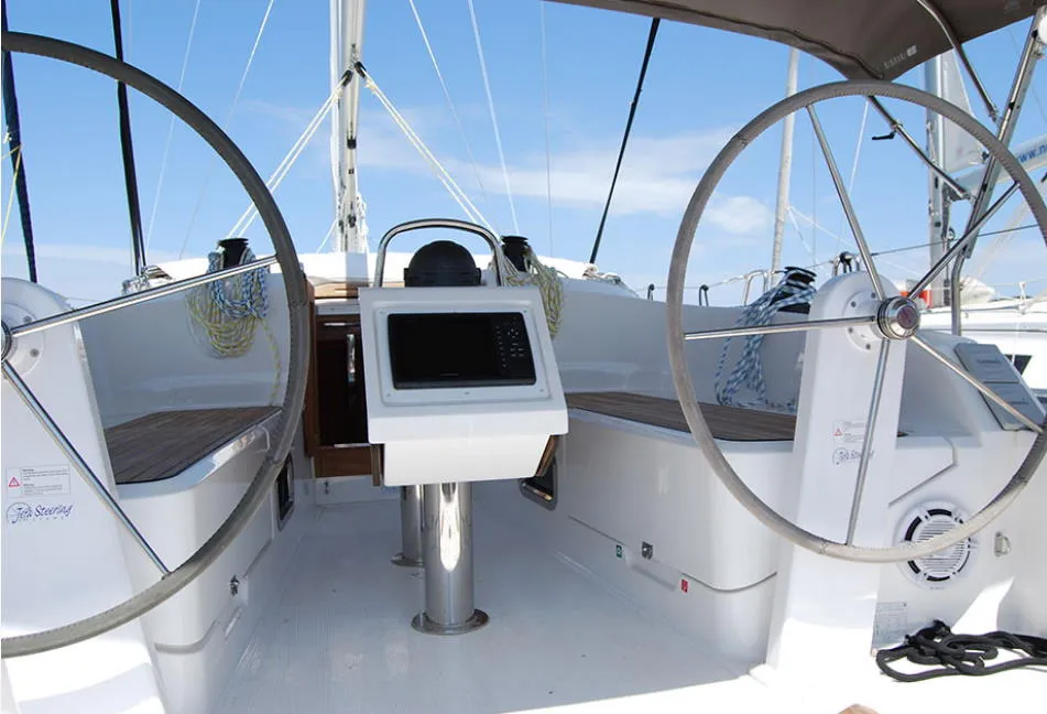 Cockpit of Anemos, a Bavaria 37 sailboat at Kontokali, Greece
