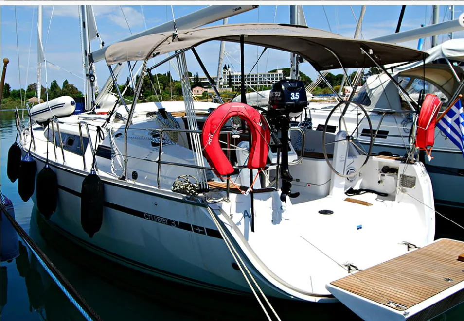 Exterior view of Anemos, a Bavaria 37 sailboat at Kontokali, Greece