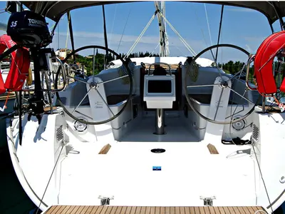 Cockpit of Anemos, a Bavaria 37 sailboat at Kontokali, Greece