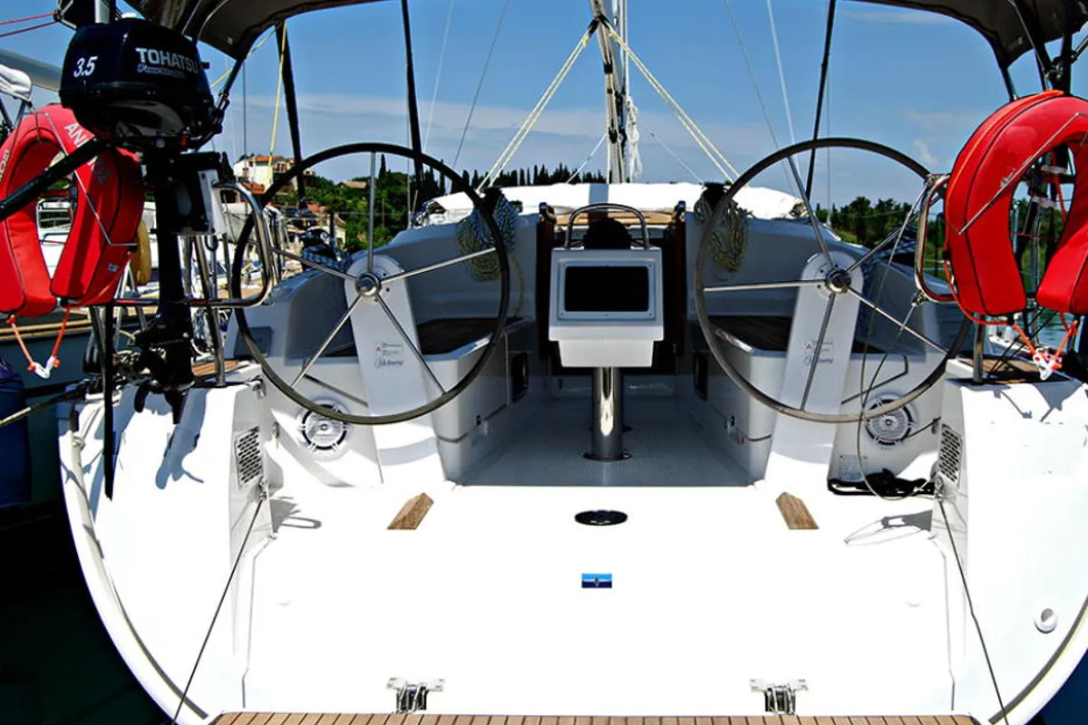 Cockpit of Anemos, a Bavaria 37 sailboat at Kontokali, Greece