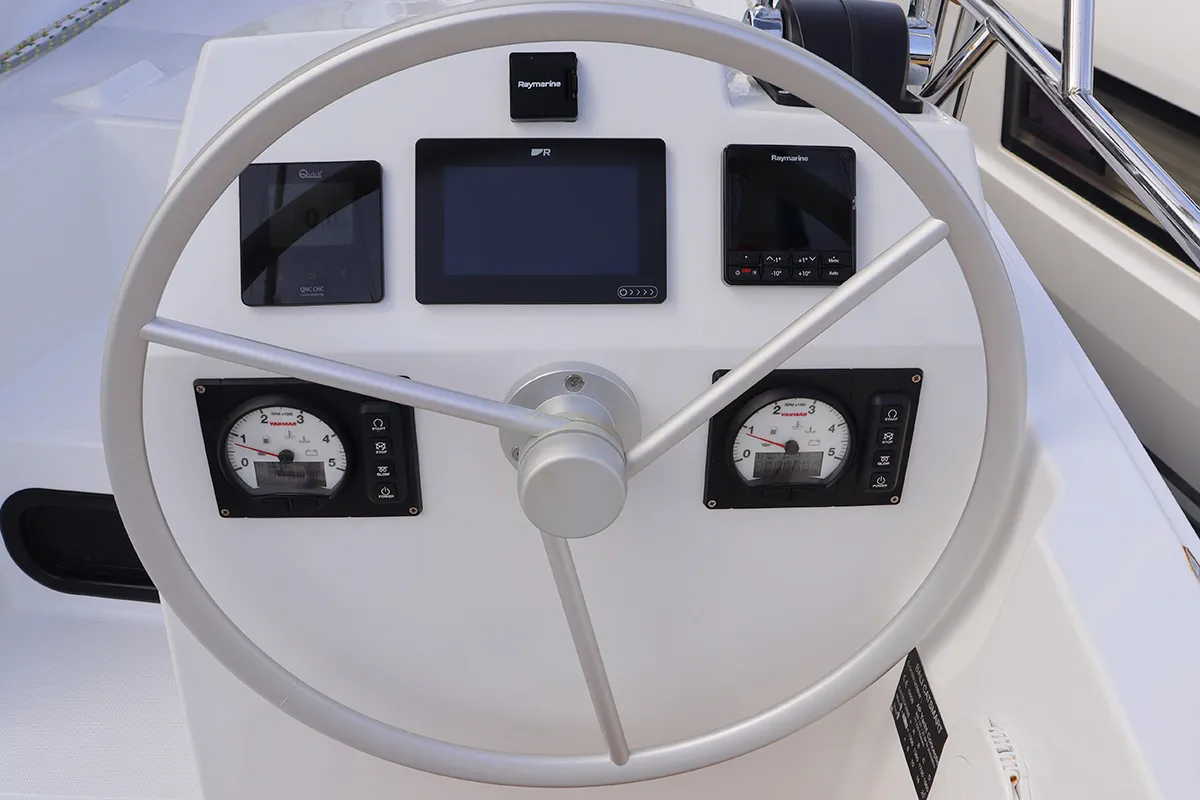 Cockpit of Tropico, a Bali Catsmart catamaran at Road Town, British Virgin Islands