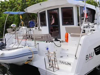 Cockpit of Tropico, a Bali Catsmart catamaran at Road Town, British Virgin Islands