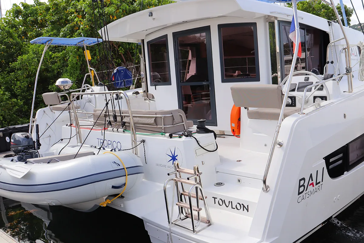 Cockpit of Tropico, a Bali Catsmart catamaran at Road Town, British Virgin Islands