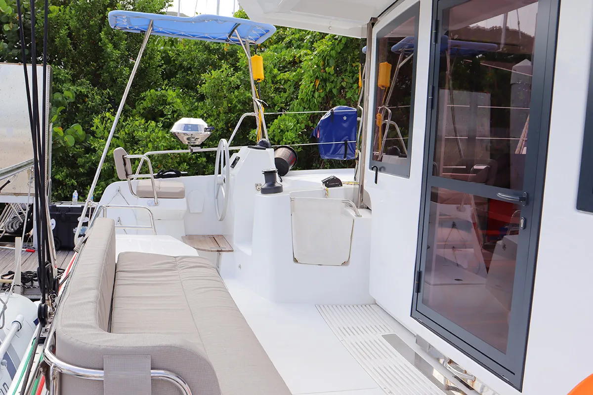 Cockpit of Tropico, a Bali Catsmart catamaran at Road Town, British Virgin Islands