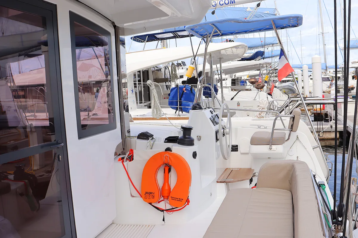 Cockpit of Tropico, a Bali Catsmart catamaran at Road Town, British Virgin Islands