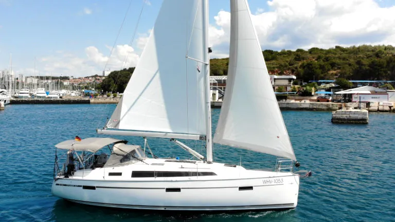Exterior view of Bibi, a Bavaria Cruiser 37 sailboat at Grad Pula, Croatia