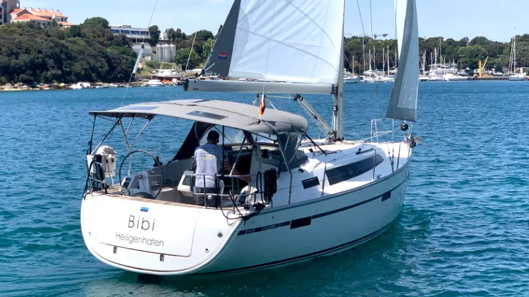 Exterior view of Bibi, a Bavaria Cruiser 37 sailboat at Grad Pula, Croatia
